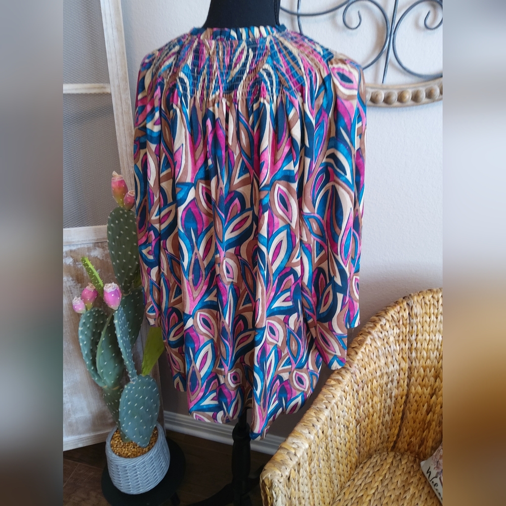 Investments Multicolor Leaf-Print Smocked-Neck Blouse - Picture 6 of 11
